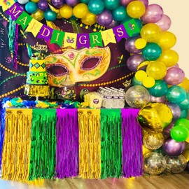 2Pack Mardi Gras Fringe Table Skirt, 2.5 x 9 ft Mardi Gras Decorations, Green Purple Gold Metallic Tinsel Foil Fringe Curtains for Mardi Gras Table Photo Background Party Supplies