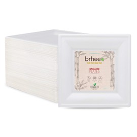 brheez 10 Inch Heavy Duty Square Disposable Plates | 100% Natural Sugarcane Bagasse Fiber | Biodegradable & Compostable Plate | Pack of 440