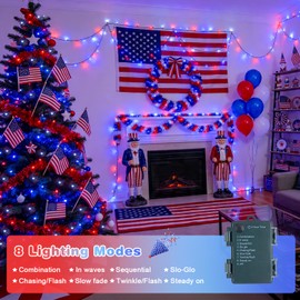 4 Pack Red White and Blue Lights, 50 LEDs 16.5ft 4th of July Lights Battery Operated, Green Wire Battery Powered Twinkle Lights for Tree Wreath Christmas Independence Day Decorations