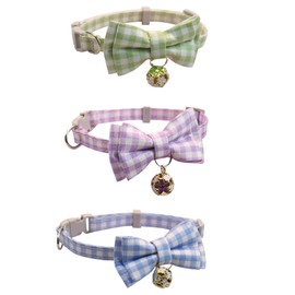 siawadeky Cat Collar with Bell Included, 3-piece Set, Cute, Checkered Pattern, Ribbon Included, Pet Collar, Safety Buckle, Adjustable Size, Pet Collar, Lightweight, Easy to Put on and Take Off, For
