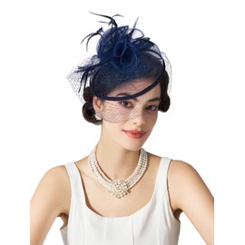 SWEETV Fascinators Hats for Women, Tulle Flower Tea Party Hats for Kentucky Tea Hat Derby, Cocktail, Wedding, Fancy Dress Party, Navy Blue