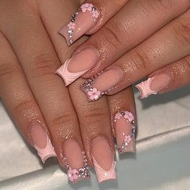 24Pcs Pink French Tip Press on Nails Medium Square Fake Nails Flower Nail Tips with Glitter Rhinestones Design Nude Full Cover Artificial Glue on Nails Cute False Nails Stick on Nails for Women DIY