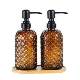 Hzxcuim 12Oz Glass Soap Dispenser with 304 Black Rustproof Stainless-Steel Pump, Refillable Glass Soap Dispenser for Kitchen, Bathroom, Farmhouse (Amber-2pack& Tray)