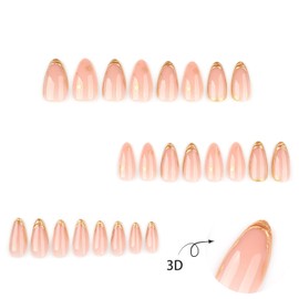 24Pcs Gold French Tip Press on Nails Short Almond Fake Nails with 3D Stripe Star Designs French False Nails Kit Full Cover Acrylic Nail Tips Glue on Nails for Women Nail Decoration