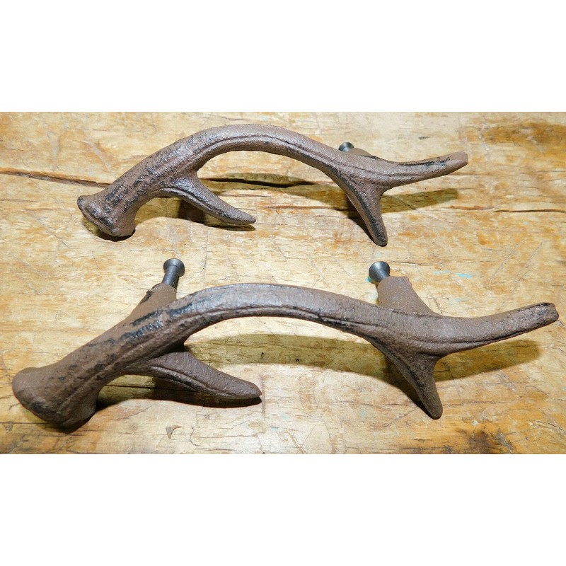 2 Cast Iron Antique Style Deer Antlers Drawer Handle Pull