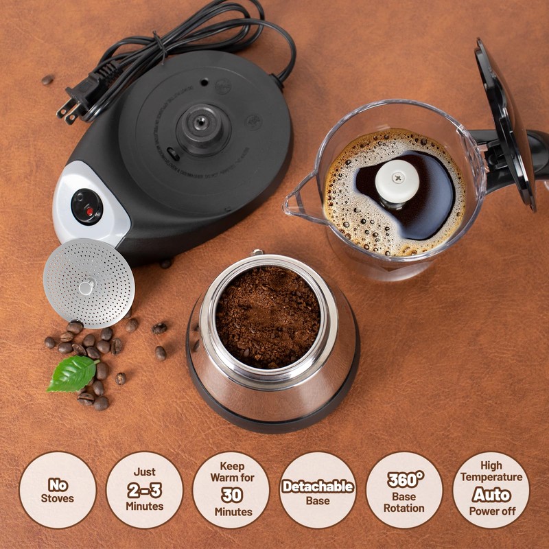 DITOSH Electric Moka Pot 6 Cup 300ml Plastic Transparent Stovetop