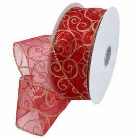 Morex Ribbon Swirl Wired Sheer Glitter Ribbon, 2-1/2-Inch by 50-Yard Spool, Red/Gold
