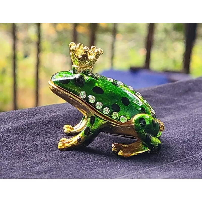 Globe Frog Prince Trinket Box Bejeweled Rhinestone Enamel Metal Magnetic