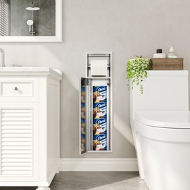 Qeke Recessed Toilet Paper Holder, SUS304 Stainless Steel Rustproof Recessed Toilet Paper Holder with Storage Cabinet, in Wall Tissue Paper Holder for Bathroom, Brushed Nickel, 4.7" Depth