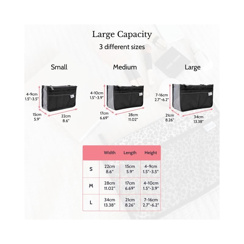 Periea Chelsy Handbag Organiser Insert (Floral Black, Large)