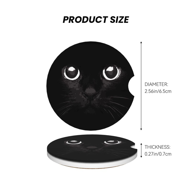 Cute Black Cat Car Coasters for Drinks Absorbent, 2 Pack