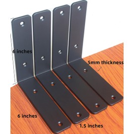 12 Pack - L 6" x H 6" x W1.5", 5mm Thick Black L Shelf Bracket, Iron Shelf Brackets, Metal Shelf Bracket, Industrial Shelf Bracket, Floating Shelf Bracket, Shelf Supports with Screws