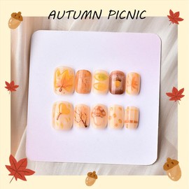 30Pcs Short Press on Nails Square Fall Fake Nails Thanksgiving Maple Leave False Nails 3D Mushrooms Pine Cones Design Reusable Autumn Acrylic Nail Stereo Maple Leaves Glue on Nail for Women Manicure