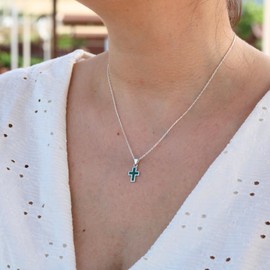 Sterling Silver Mini Green Cross Pendant Necklace - Handmade Minimalist Malachite Cross with 16+2 inches Chain for Women