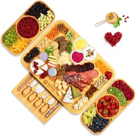 ROYAL CRAFT WOOD Bamboo Cheese Board and Knife Set with Charcuterie Board & Serving Tray with Appetizer Plates & Side Trays (17.5 x 13)