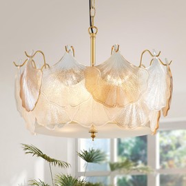 FashEase Modern Glass Drum Chandelier, Farmhouse Style for Living Room, Bedroom, Dining Room, D20in x 13-67in Adjustable Height, Gold Finish Metal Frame & Transparent Ginkgo Leaf Glass Shades