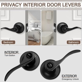 Hasmikit 10 Pack Matte Black Door Handles Privacy Door Levers, Heavy Duty Bed and Bath Door Locks Interior Door Knobs, Reversible Keyless Wave Lever Door Handles