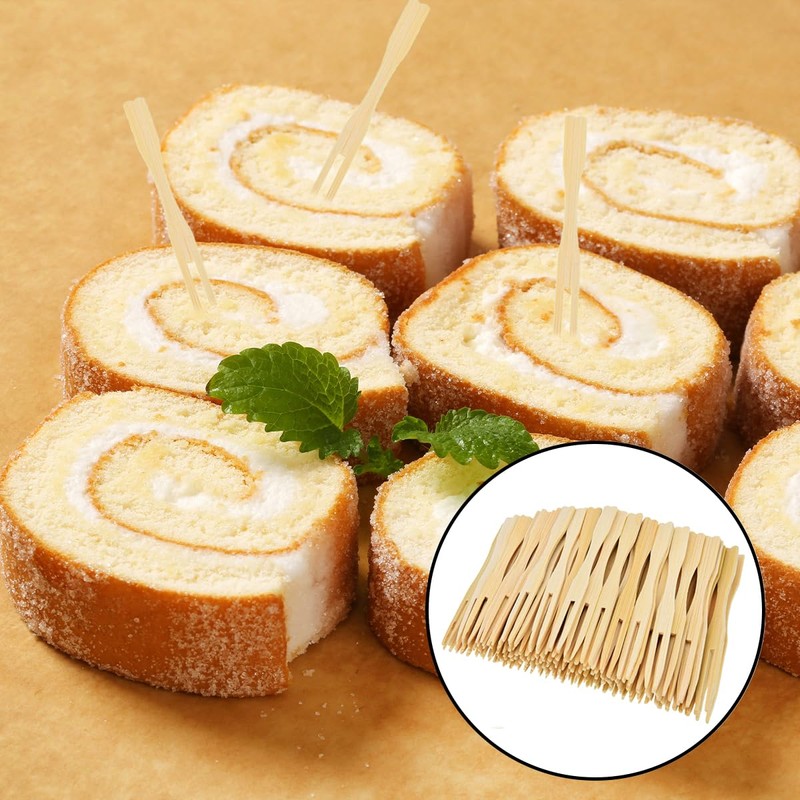 NILLOS Bamboo Forks, 100 Pcs Food Dessert Two Prongs Mini