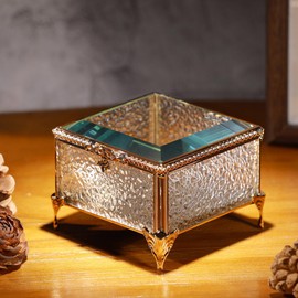 DHCGPP Vintage Square masonry Glass Jewelry Box With Hinged Lid, Jewelry Ring, Bracelet, Souvenir Metal Display Box, Transparent Storage Box.(3.6x3.6x2.7Inches)
