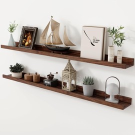 Axeman Oak Picture Ledge Shelf, 48 Inch Floating Shelves Set of 2, Solid Oak Wood Wall Shelves with Lip, Wall Decor Storage for Bedroom Living Room Bathroom Kitchen Nursery Photo Picture, Walnut