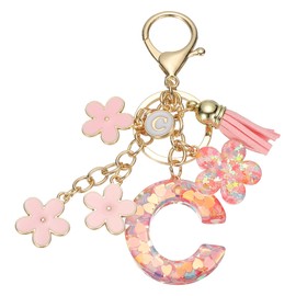 MECCANIXITY Initial Letter Keychain, Cute Tassel Cherry Blossom Keychain Alphabet C Letter Charm with Flower Pendant for Women Girls Key Purse Handbag Backpack (Pink, Pack of 1)