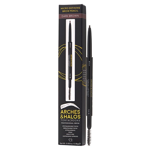 Arches & Halos Micro Defining Brow Pencil - Get Fuller and More Defined Brows - Long-Lasting, Smudge Proof, Rich Color - Dual Ended Pencil with Brush - Vegan and Cruelty Free - Dark Brown - 0.08 g