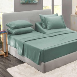 Clara Clark Flex Top King Sheets - Hotel Luxury 6 Piece Bed Sheets for Top Split King Bed - Soft Bedding Sheets & Pillowcases, Head Split King Size. New Sage Green