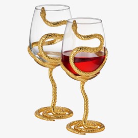 Stemmed Snake Wine Glass | Set of 2 | 19oz Spooky Reptile Glasses 10" H, Gifts, Skeleton Gifts, Skeleton Decor, Spooky Wine Gift Set, Perfect for Themed Parties (Gold)