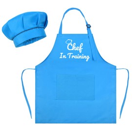 Kids Apron Chef Hat Set Chef in Training Child Apron with 2 Pockets for Boys Girls Adjustable Kitchen Cooking Baking Painting (Pink)