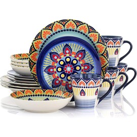 Elama Multicolored Round Stoneware Mandala Pattern Dinnerware Set, 16 Piece, Blue