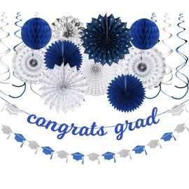 Navy-Blue White-Sliver Party-Decoration Graduation Banner - 18pcs congrats grad