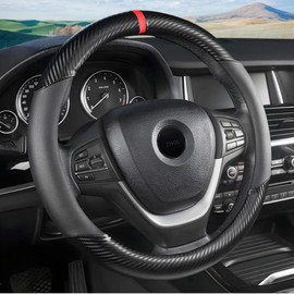 Carbon Fiber Steering Wheel Cover, Universal 15 inch Breathable Microfiber Leather Steering Wheel Covers for Men and Women, Anti Slip Car Interior Accessories, Black