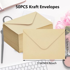 Pack of 50 Kraft Paper Envelopes B6 (17.6 x 12.5 cm) 150 gsm Premium Wedding Invitation Cards with Elegant Design for Event Planner, Designer for Craft Lovers