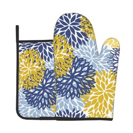 Lukbfall Blue Yellow and Navy Chrysanthemum Flowers Oven Mitts and Pot Holders 2 Pcs Set Daisy Floral Oven Glove and Potholder Suitable for Barbecues Baking Cooking Microwave