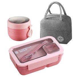 Vegena Bento Lunch Box, Bento Box for Adults and Kids, Lunch Box with Compartments, Durable Leakproof Bento Boxes Set with Bag, Utensils, Soup Cup for Men Women Student School Office (Pink) (Pink)