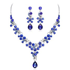 Wekicici Juego de collar y aretes para novia, para mujer, con cristales de boda, múltiples lágrimas, juego de aretes colgantes para mujer (azul)