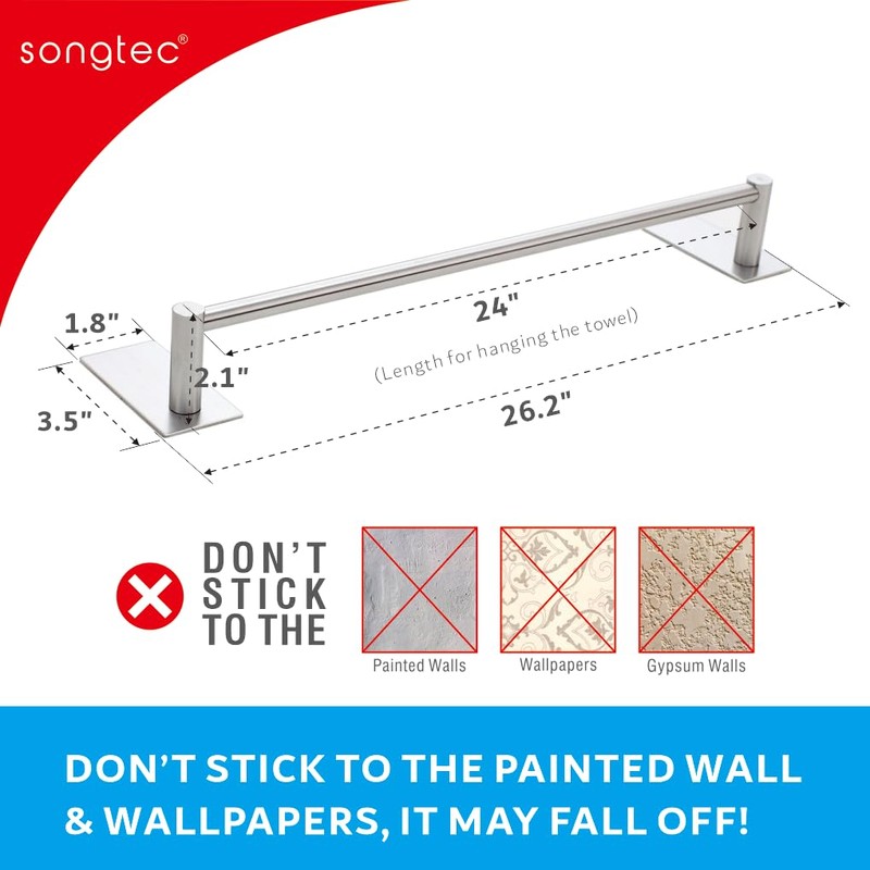 Adhesive Bath Towel Bar 24-inch, No Drill Stick On Towel