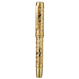 HONG DIAN Hongdian A6 Piston Fountain Pen Fine Soft Nib, Golden Hollow Skeleton & Transparent Resin Pen with Metal Case Set, Bright Gold