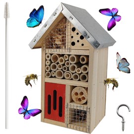 TIHOOD Natural Wooden Hanging Bee House for Gardens Natural Wooden Butterfly Hotel for Bee, Butterfly, Ladybirds, Habitat, Bee Hotel Garden