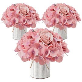 DIYDOFUN Set of 3 Artificial Floral Arrangement with Rustic Metal Pot for Table Centerpieces Pre-Made Wedding Hydrangeas and Rose Centerpieces for Party Event Decorations - Deep Pink