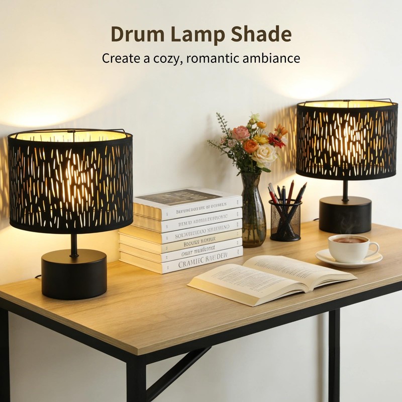 2 Pcs Black Lamp Shades, Hollow Carved Fabric Lampshades for