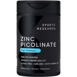 Sports Research Sports Research Zinc Picolinate 50mg with Organic Coconut Oil | Highly Absorbable Zinc Supplement for Healthy Immune Function - Non-GMO Verified, Gluten & Soy Free (60 Liquid Softgels)