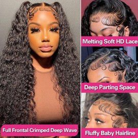 XVE 26 Inch 13x4 Deep Wave Lace Front Wigs Human Hair Pre Plucked 200 Density HD Transparent Lace Frontal Wig Wet And Wavy Lace Front Wigs Human Hair For Women Curly Glueless Wigs Natural Black