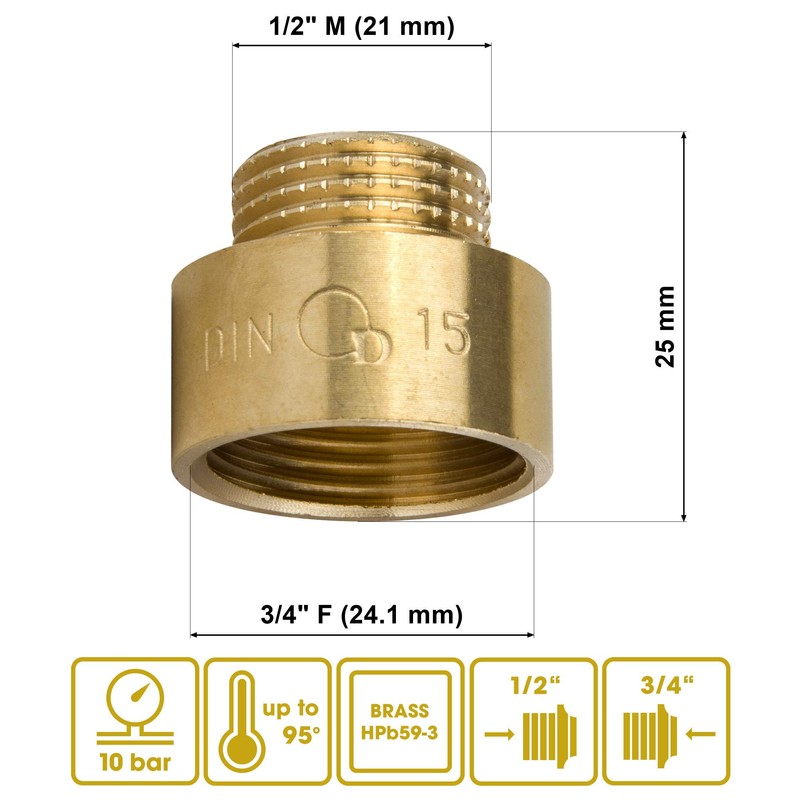 3/4” Female x 1/2” Male BSP Brass Round Pipe Connection,