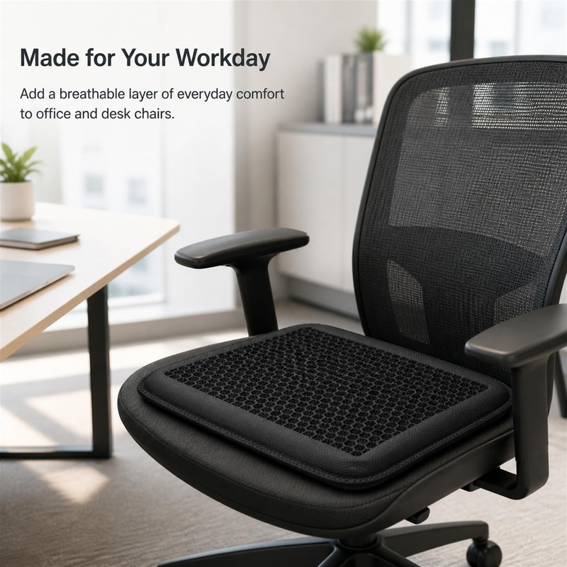 Gel Seat Cushion, Breathable Honeycomb Pad, Black, 16.5 x 13