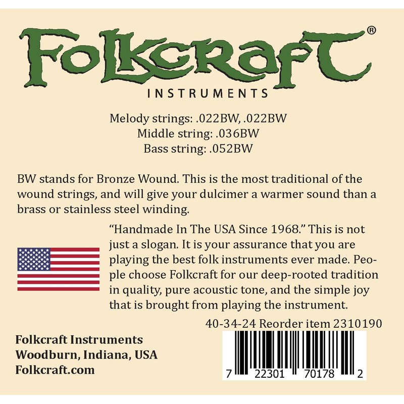 Folkcraft® Mountain Dulcimer String Set, Bass, Loop Ends (.022"BW .022"BW