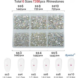 Bymitel 7200 Pieces 6 Mixed Sizes Glue Fix on Glass Rhinestones Round Crystal Gems Flatback for DIY Jewelry Making with one Picking Pen (6-Sizes 7200PCS, Crystal AB)