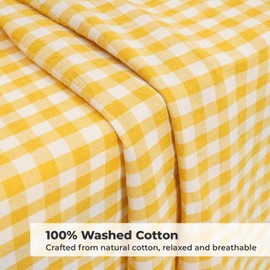 PartyDelight Gingham Ruffled Tablecloth Round Butter Yellow/White 100% Washed Cotton Dia.70 in Plaid Checkered Circular Table Cover for Farmhouse Kitchen Cute Cottagecore Birthday Party Decor