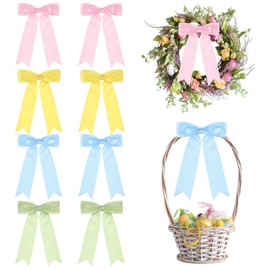Riceshoot 8 Pcs Easter Spring Wreath Bow 7.8x12 Inches Large Satin Ribbon Premade Bows for Gifts Basket Pink Yellow Blue Green Favor for Door Tree Topper Wall Indoor Outdoor DIY Crafts Decor