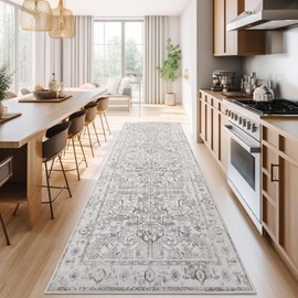 jinchan Kitchen Runner Rug 3x8 - Vintage Floral Machine Washable Non-Slip Hallway Runner Rug with Rubber Backing Ultra-Thin Carpet for Bedroom Laundry Room Farmhouse (3x8ft,Taupe)